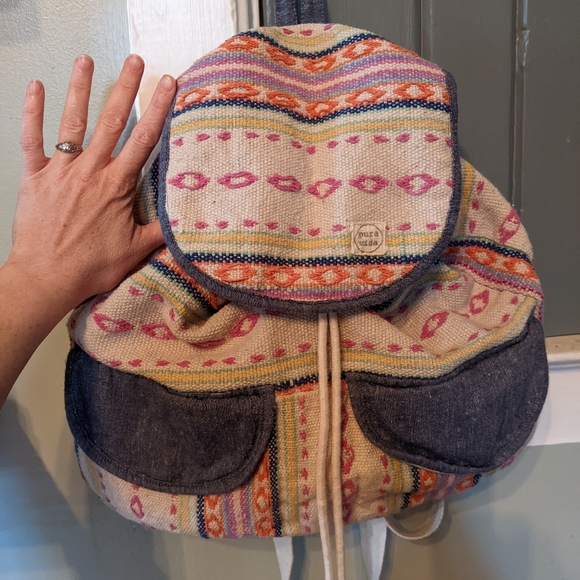 Boho embroidered backpack with denim details and drawstring - Picture 4 of 8